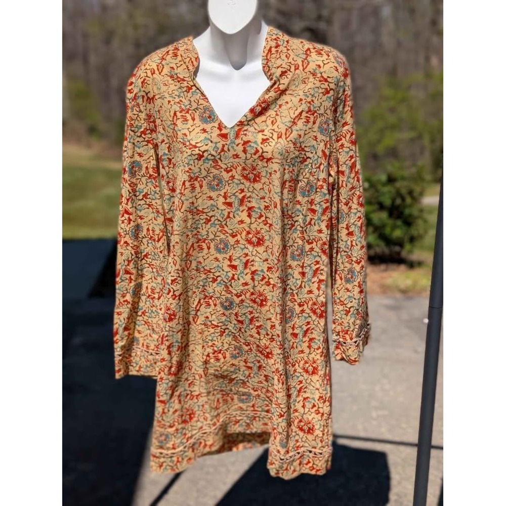 John Robshaw Lucky Brand Boho Tunic‎ Dress Medium India Cotton Mini Shift Dress